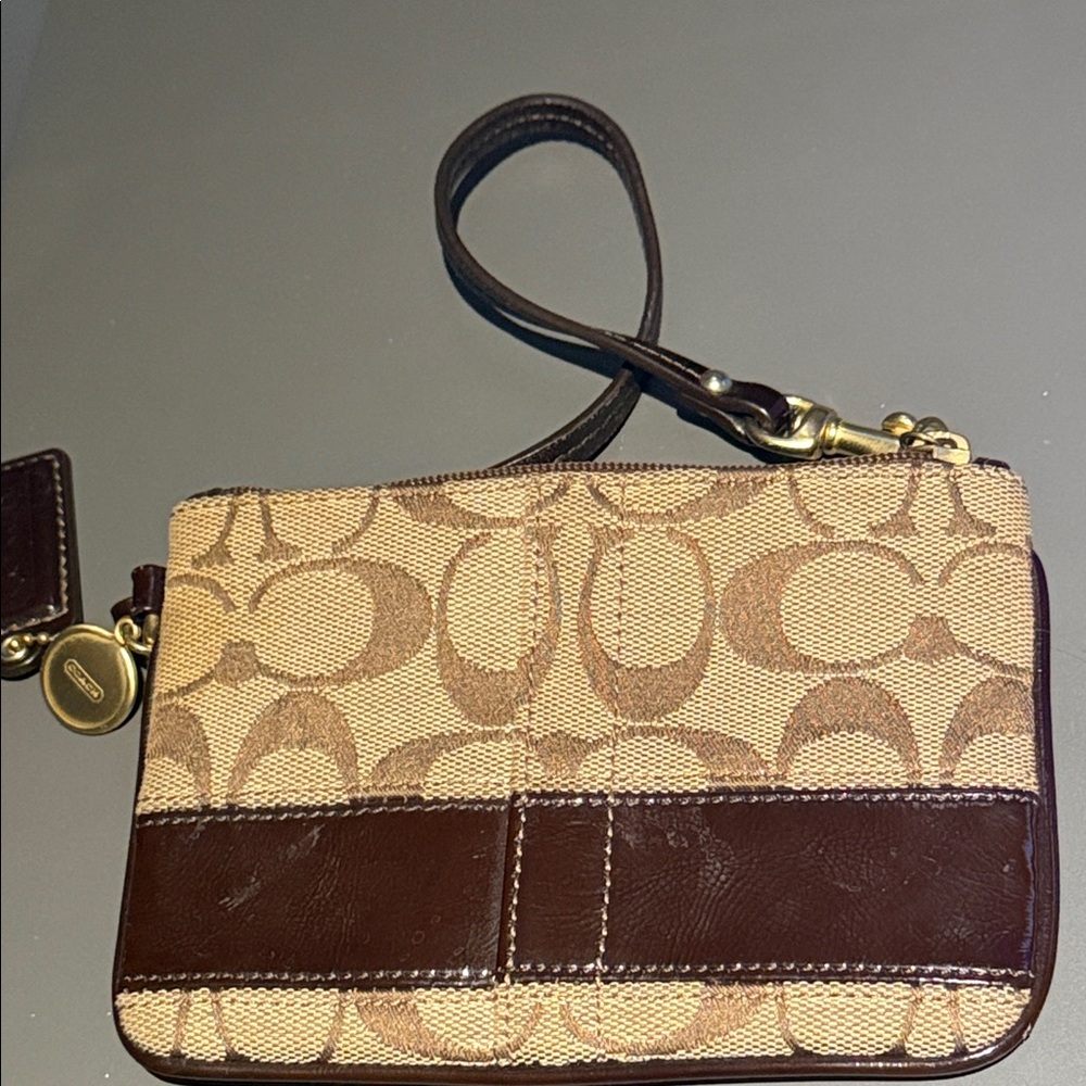 Coach Brown Zip Wristlet with Gold Hardware